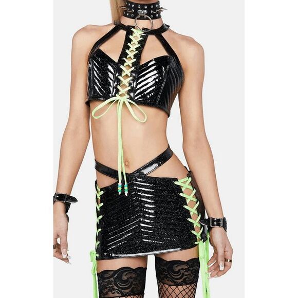 NWT Dolls Kill Club Exx Onyx Rude Awakening Glitter Mini Skirt- Size M - Picture 3 of 6